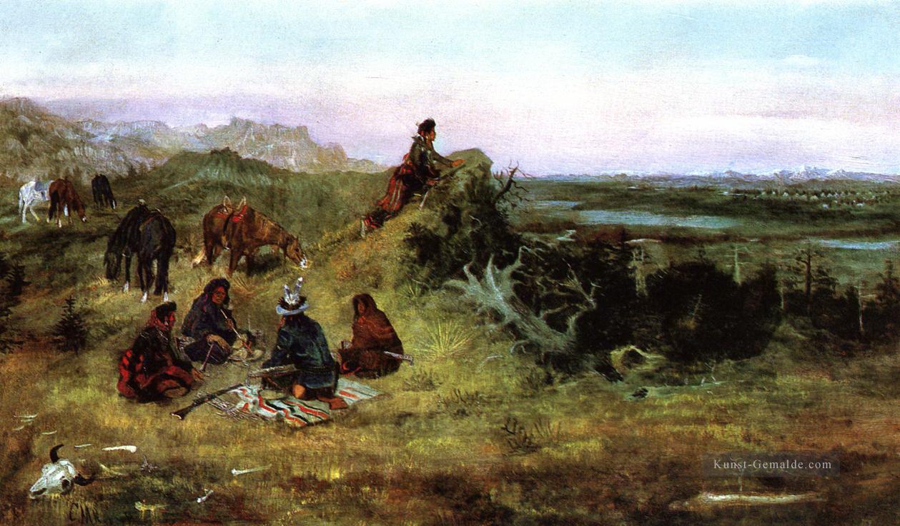 die Piegans Vorbereitung Pferde aus den Krähen 1888 Charles Marion Russell zu stehlen Ölgemälde